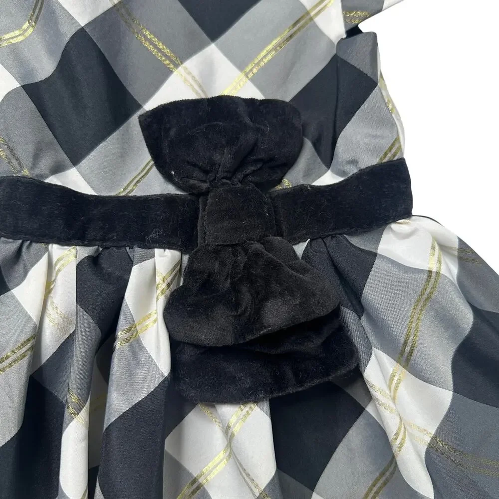 Baby Girl Plaid Party Dress 18M Black White Gold Bow Holiday Wedding Photos